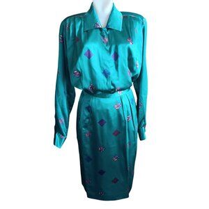 sz 6 Vintage Anne Klein Silk Dress Set Teal & Purple Geometric Pattern Skirt Top
